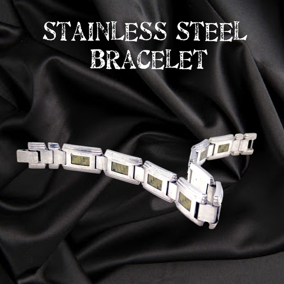 Stainless Steel Unisex Bracelet with Tungsten Green Fiber Accents - Picture 9 of 10